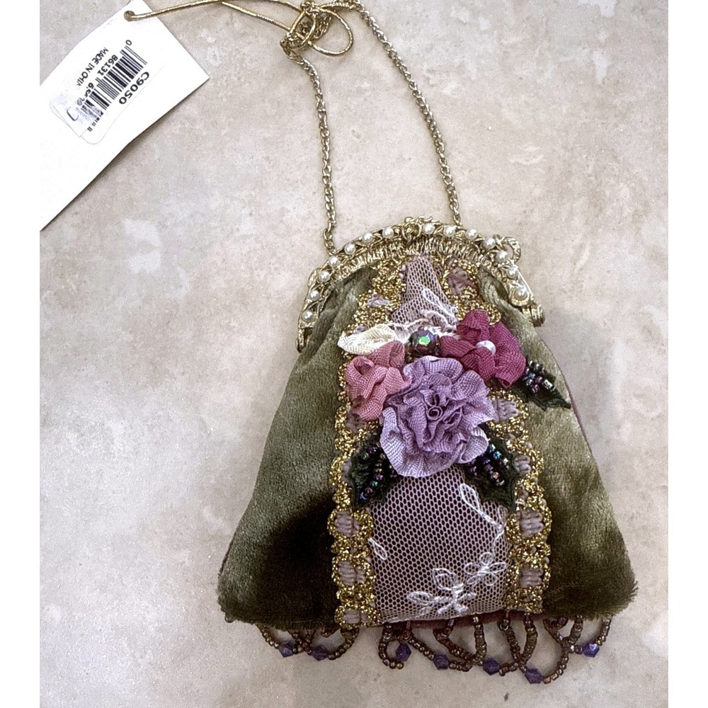 Mini‎ Velvet Floral Pouch Bag Olive Green Purple Beaded Fringe Kiss Lock C9050